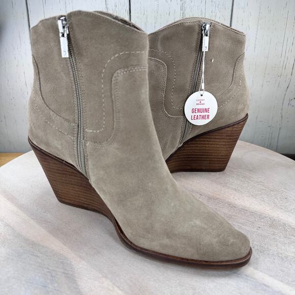 Lucky Brand Waider Womens Ankle Bootie Size 10 Leather Taupe Wedge Boots New - Picture 5 of 11